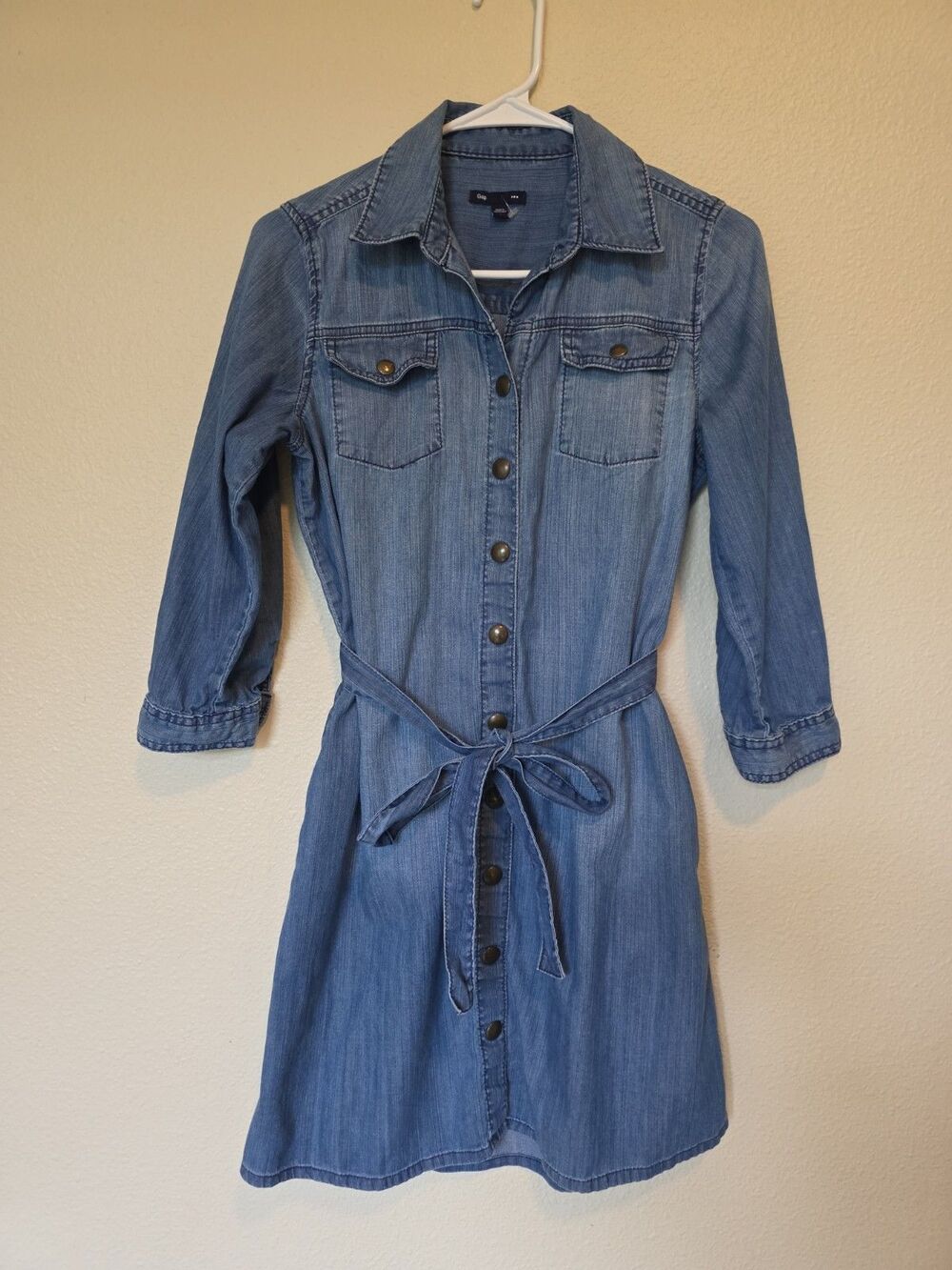 Gap Womens Denim Shirt Dress Blue Snap Front Tie Waist Long Sleeve Pocket Size S - Picture 9 of 11